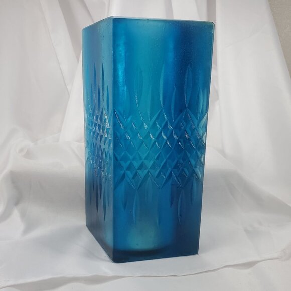 Sascha Brastoff MCM Blue Resin Square Diamond Candleholder 1950's Signed 9 3/4” - Picture 2 of 15